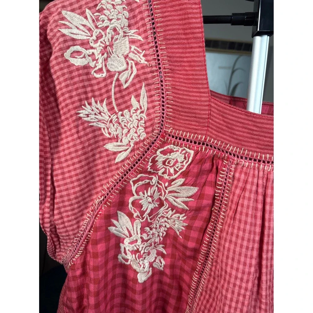 We The Free Free People Embroidered Boho Gingham Top Cotton Linen Blend M